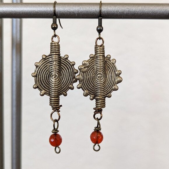 Boho Burnt Orange Carnelian African Brass Dangle Statement Earrings - Picture 1 of 2